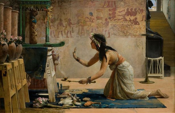 A lovely 19th century painting of a priestess serving the ka of a cat by John Weguelin
