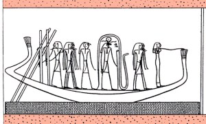 Isis, at the prow of the boat, works Her magic on the enemy serpent, Apophis