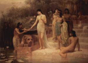 A highly romanticized painting of the pharaoh's daughter finding Moses by Edwin Long, 1886.