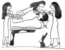 This is sketched from a coffin from Gebelein, 13th dynasty where either a long-haired female image or a long-haired female is spreading her hair over the deceased. I must find a photo of this...it is freakin' amazing!