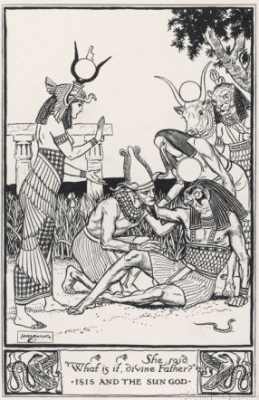 A vintage illustration of Isis learning the name of Re by H. m. Brock.