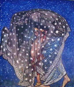 Originally an illustration for a book of pseudo_Indian love poetry, this lovely illustration by Byam Shaw, 1914, captures something of Nuet and  one of Her Holy Children