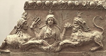 Isis with sistrum and bowl of fruit between female and male sphinxes, from the temple of Palatine Apollo