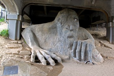 The Seattle Troll; that's a real VW Beetle in his left hand and a real bridge over his head