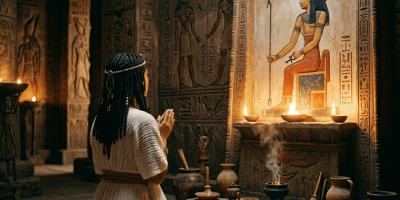 Woman kneeling and praying in an ancient Egyptian temple ritual